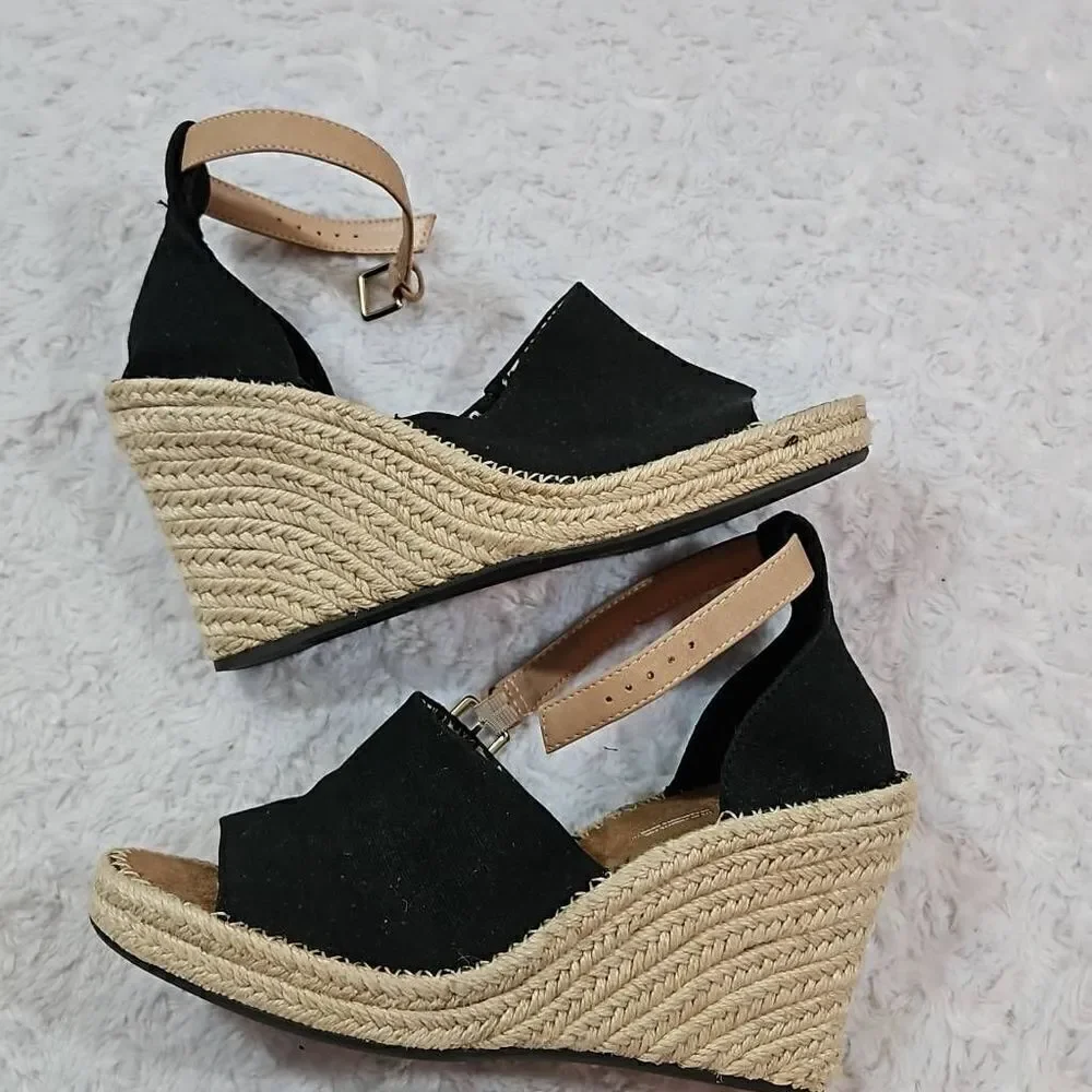 Toms Women Marisol Wedge Heel Shoes Black Size 9.5 Y2K Style Chunky